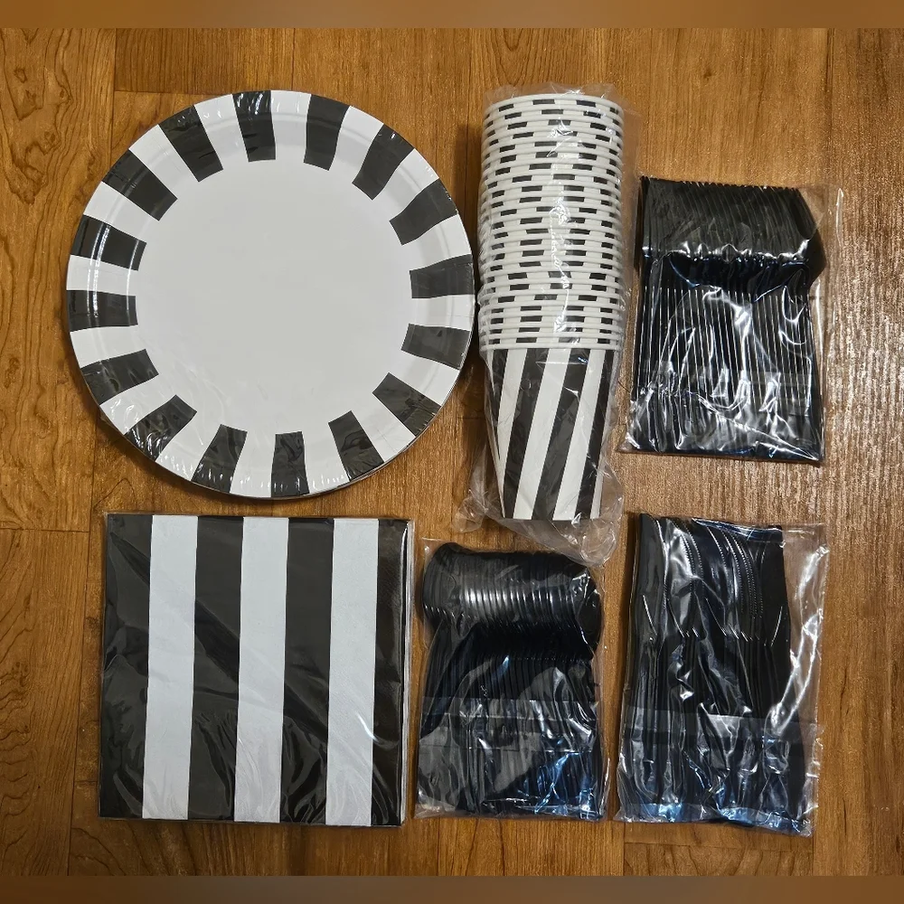 Black and White Striped Party Supplies Set